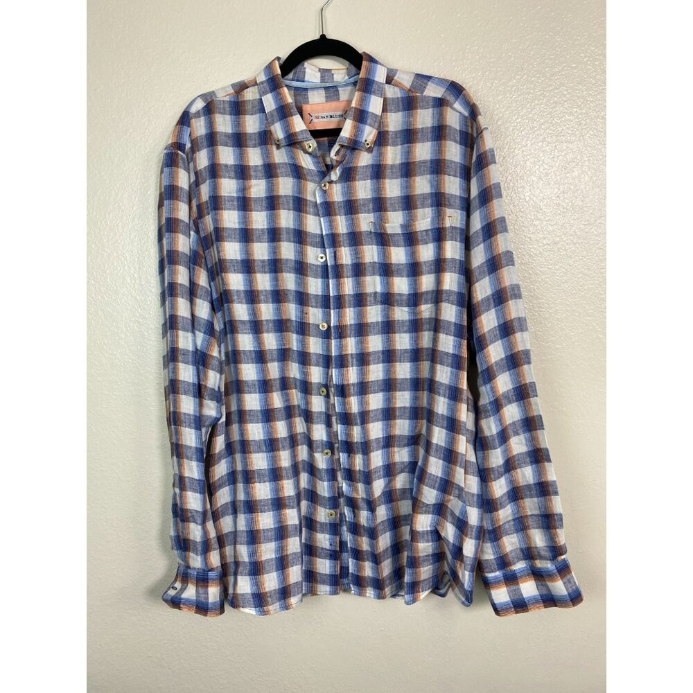 Men 32 Bar Blues Blue‎ Orange Plaid 100% Linen Long Sleeve Button Up Shirt sz XL